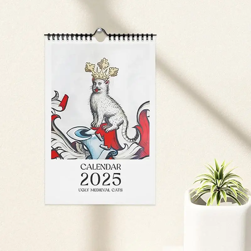 Calendario de gatos medievales Calendario mensual de gatos feos Calendario de pared de gatos divertidos de 11x8 pulgadas Planificador de calendario mensual 2025 para adolescentes