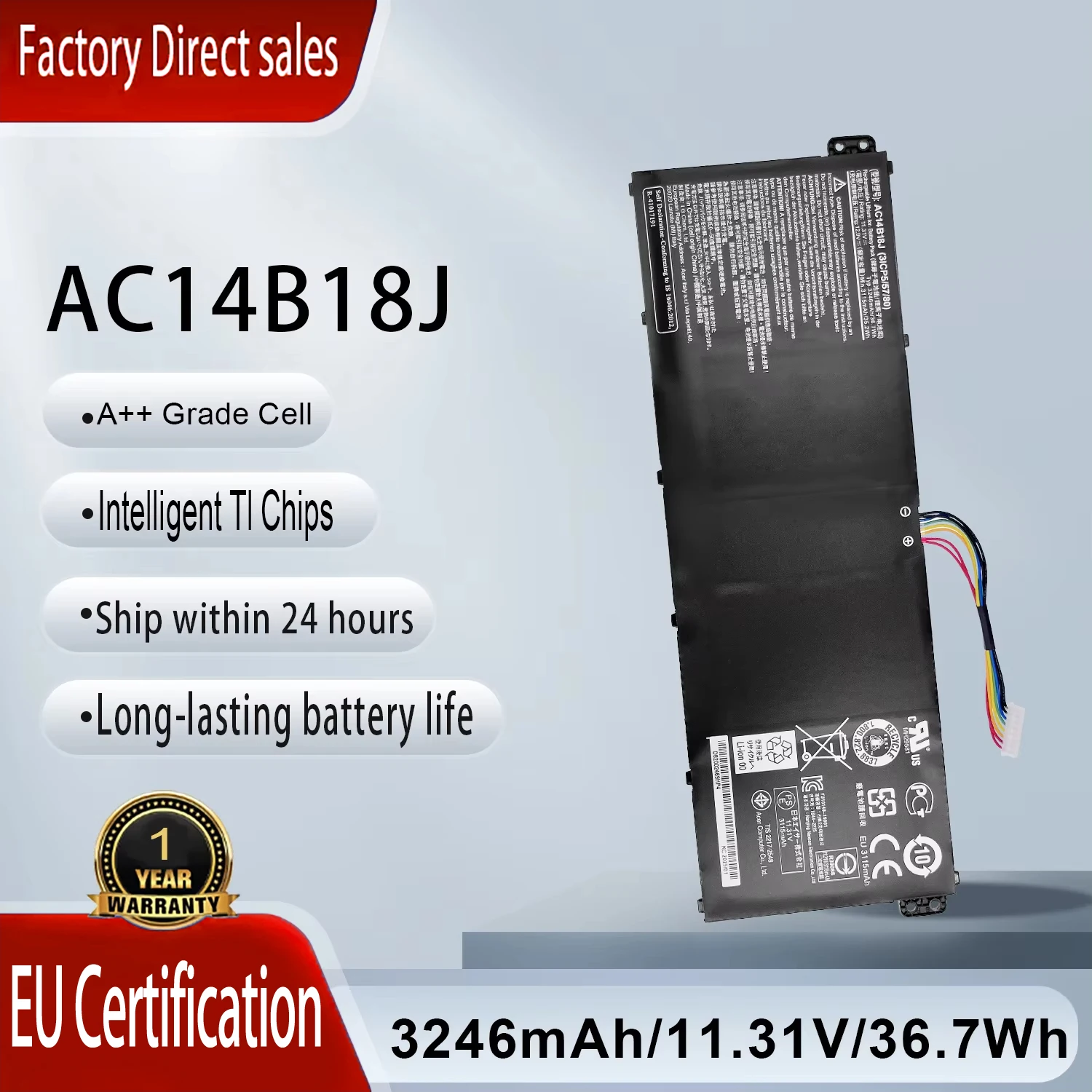 

Аккумулятор AC14B18J для ноутбуков Acer Chromebook 13 CB5 311, TravelMate B115 M, B115 MP, Aspire E3 111, E3 112, E3 112M, ES1 531