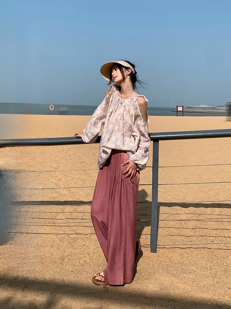 

Женская шифоновая блузка Yang Bubble с цветочным принтом, с открытыми плечами, с длинными рукавами, универсальная, в корейском стиле, приталенная, для повседневной носки