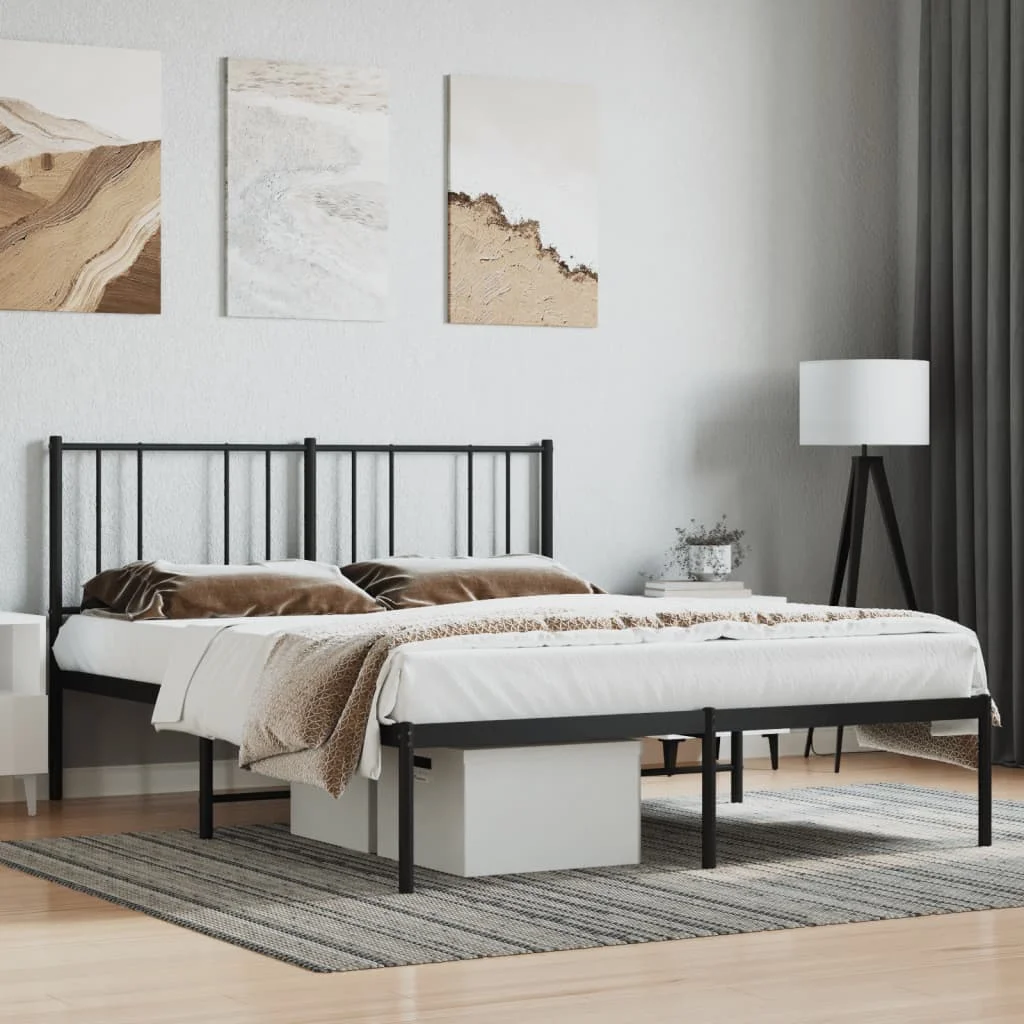 Metal Bed Frame with Headboard Black 140x190 cm Stable Durable Simple Bed Frame for Bedroom