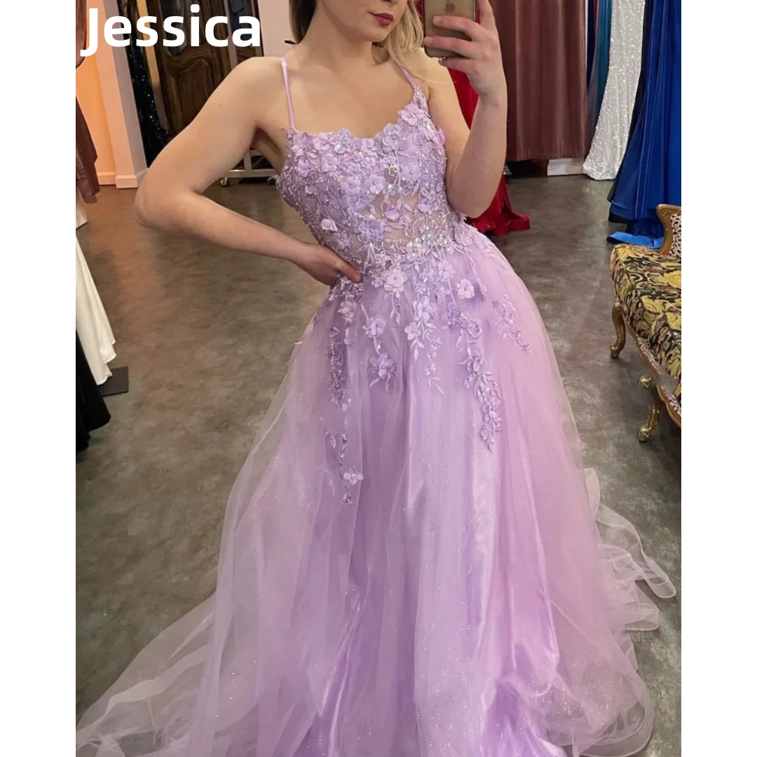 

Jessica Lavender Purple Prom Dresses 3D Lace Applique Prom Dress Tulle Graduation Party DresseseVestidos De Noche Custom Dress