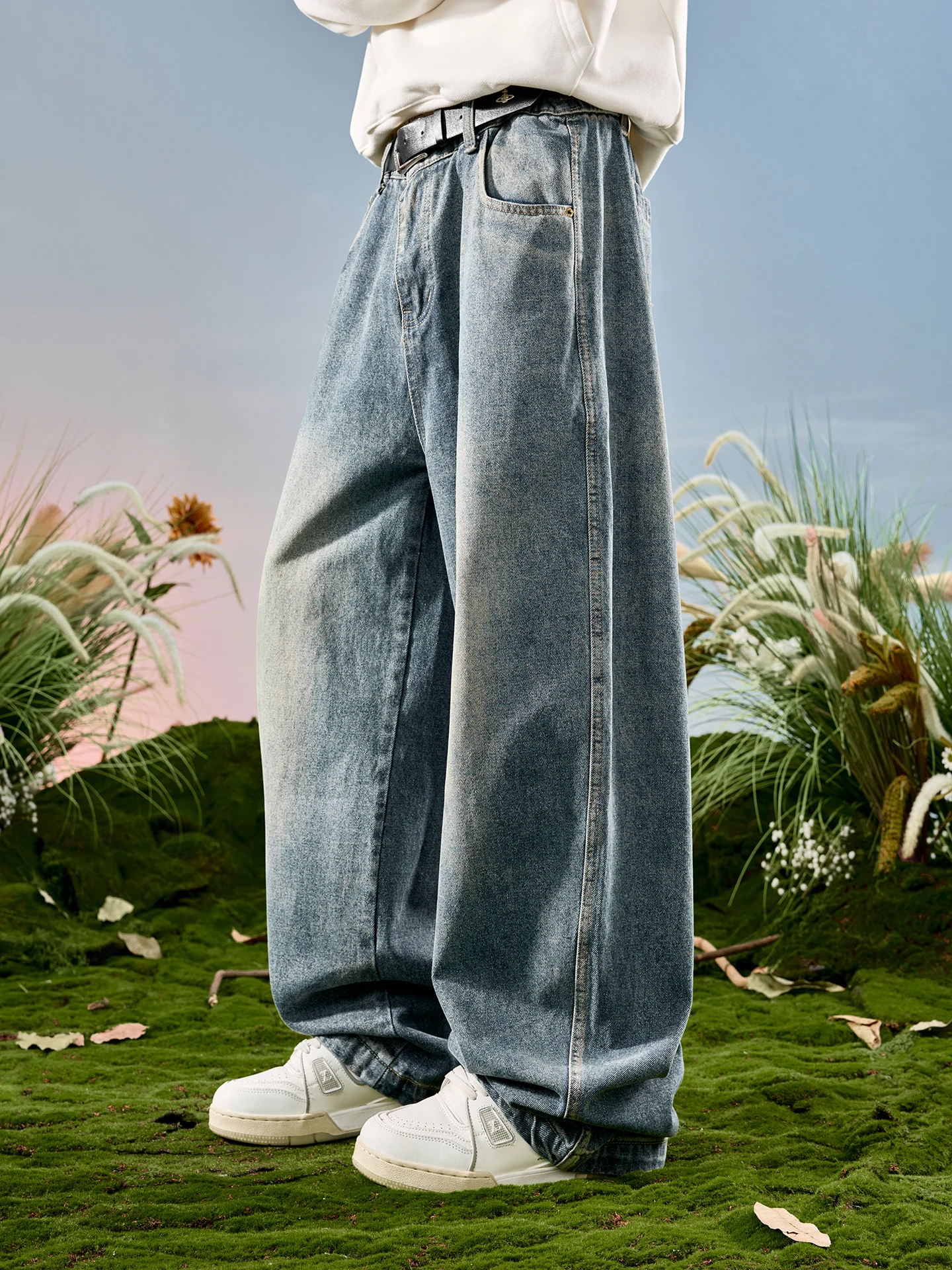

American Retro Waed Wide Leg Men's Jeans Knife Pants Dra Long Trousers Spring 2026 Nuthink Casual Straight Cut Jeans