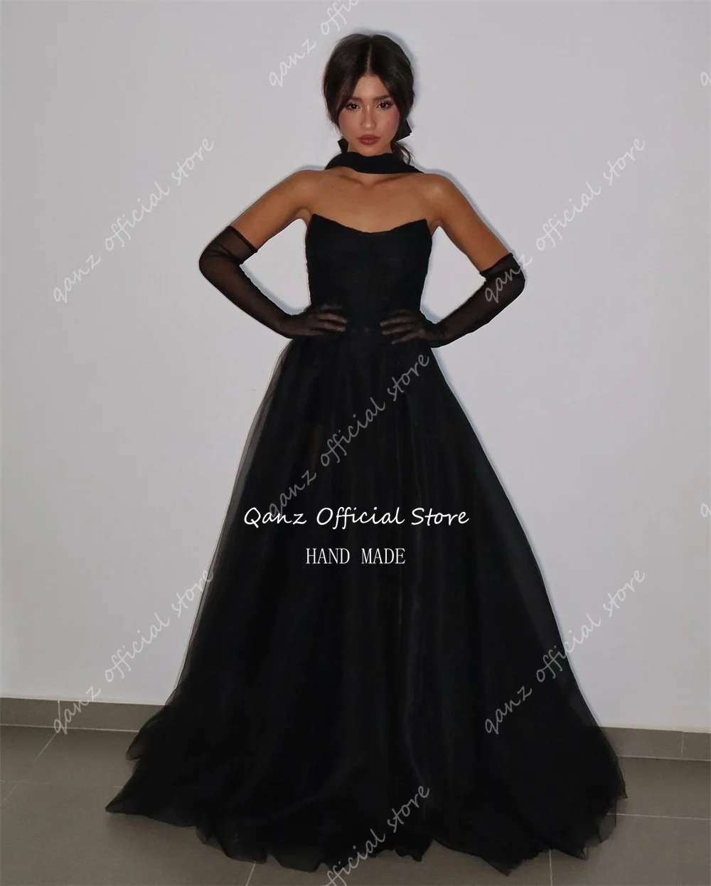 Qanz Gracrfull Tulle Evening Dresses Black High Slit Strapless Corset Bespoke Occasion Dresses Party Prom Gowns Customized