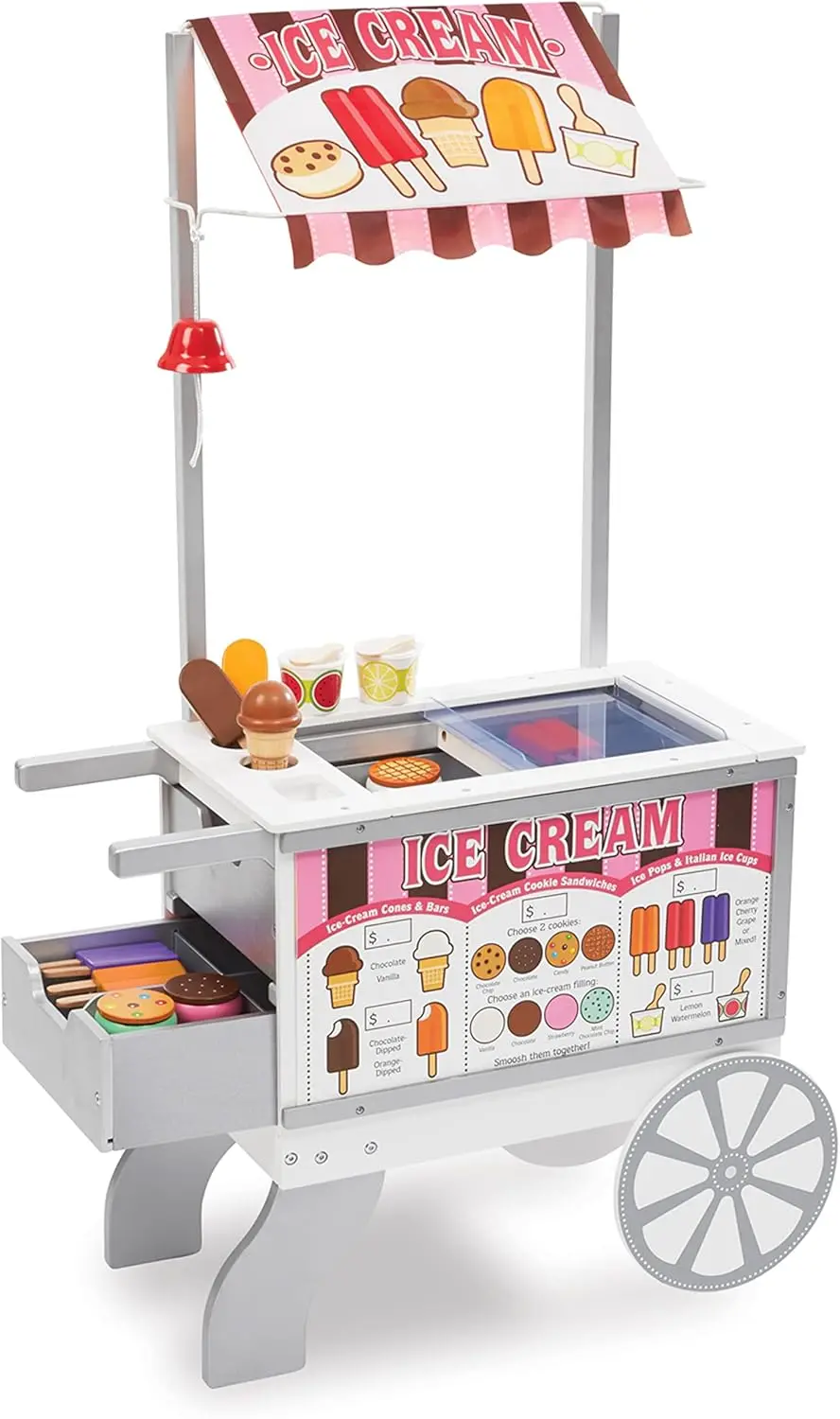 

Wooden Snacks and Sweets Food Cart - 40+ Play Food pcs, Reversible Awning , Multi Colored
