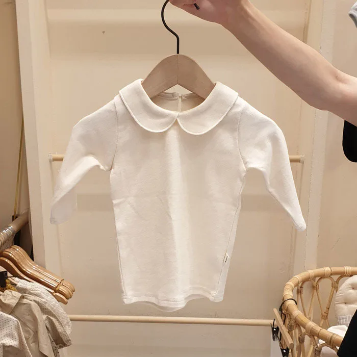 2024 Korean Children\'s Clothing Autumn Baby Cotton Solid Flip Collar Not Hooded Cute Soft Dot Print Long Sleeved T-shirt