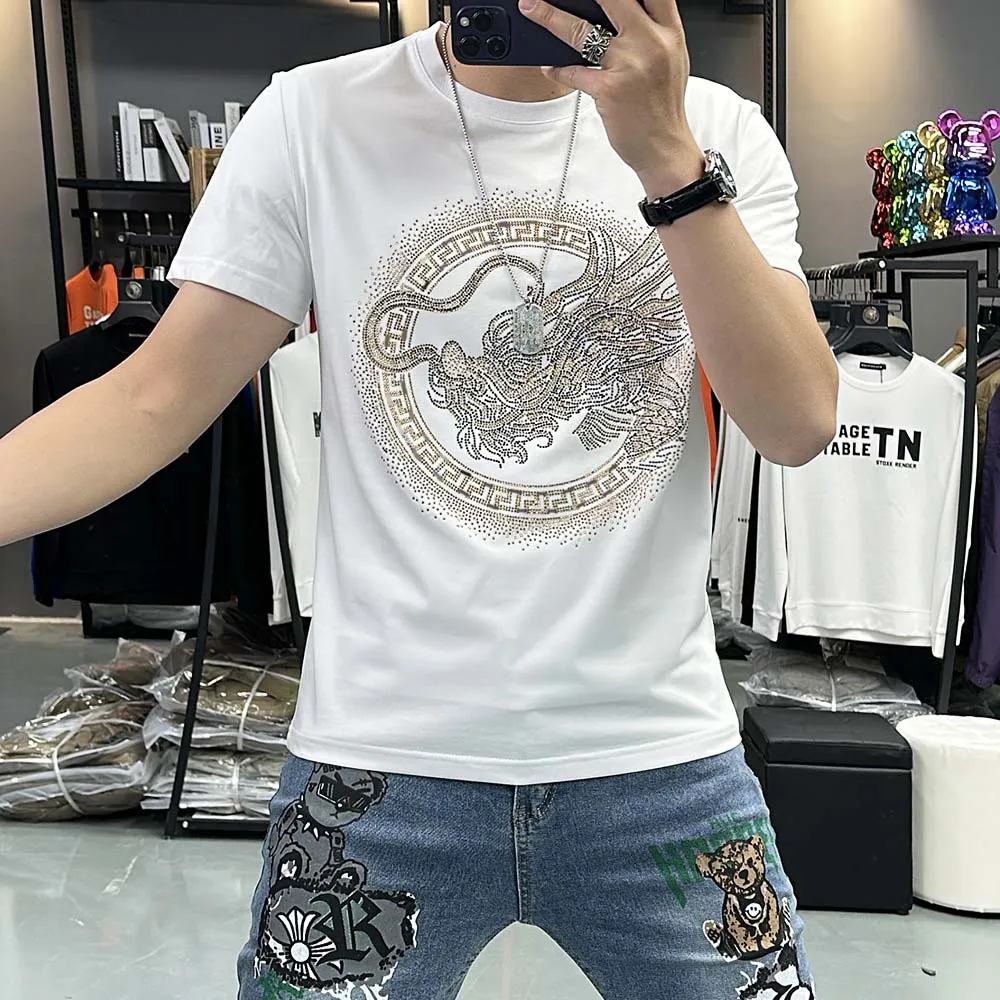 

T-shirt Men's New Dragon Year Hot Diamond Heavy Craft Male Tees Plus Size 7xl Short sleeved Top Trend Mercerized Cotton Clothing