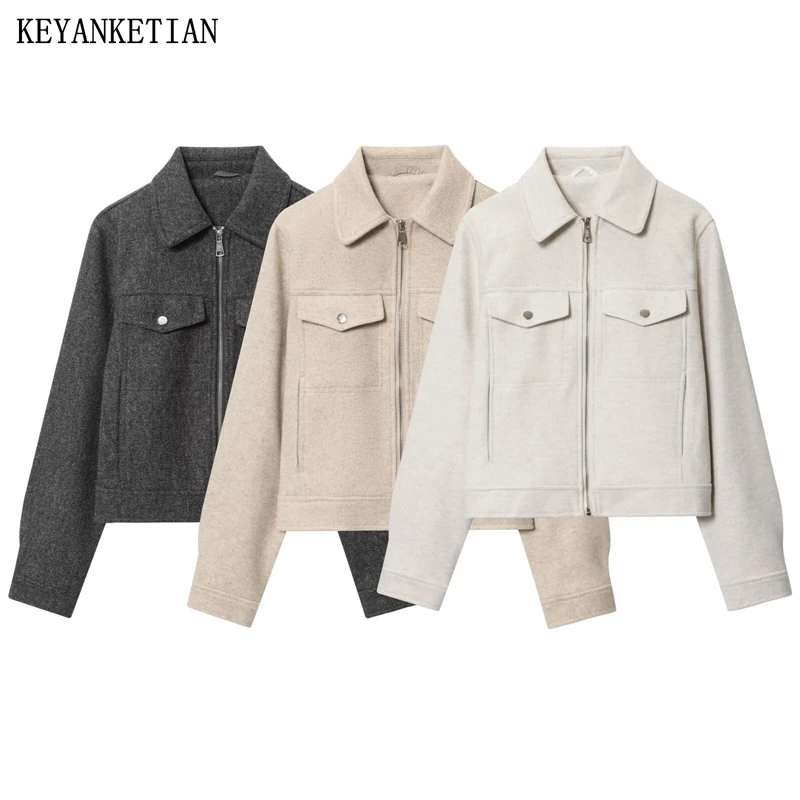 

KEYANKETIAN осенне-зимняя новая женская шерстяная куртка с воротником и двойным карманом на молнии, женское пальто