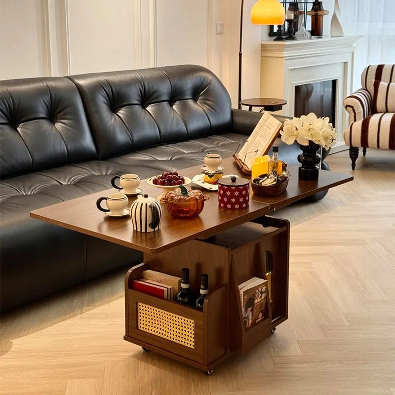Meja kopi lipat portabel dari kayu solid, troli kecil untuk apartemen, meja kopi lipat yang dapat diangkat, meja teh ruang tamu multifungsi