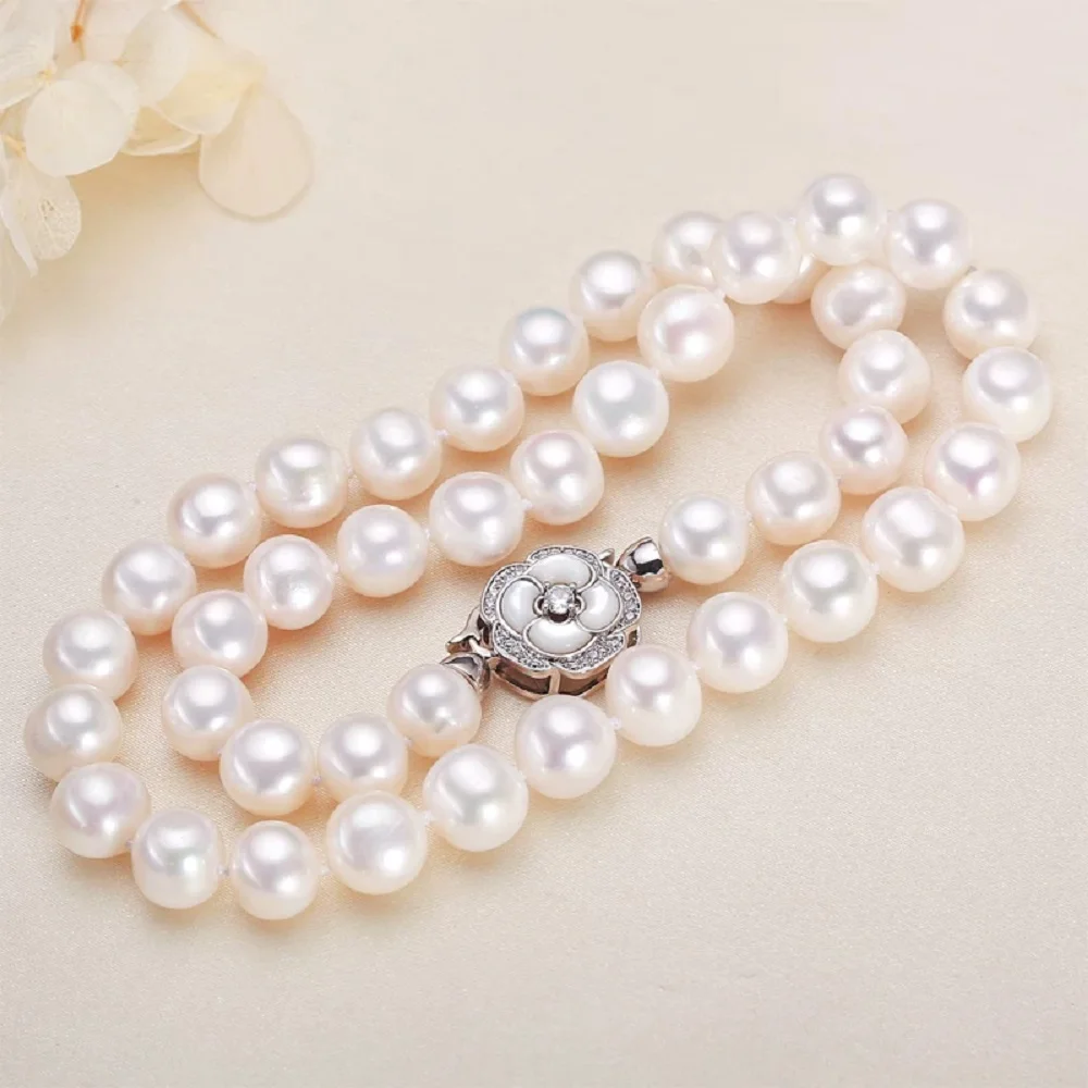Camellia Pearl Necklace AAAA9-10mm Natural Pearl Necklace 16in/18in/14K Gold Plated Color