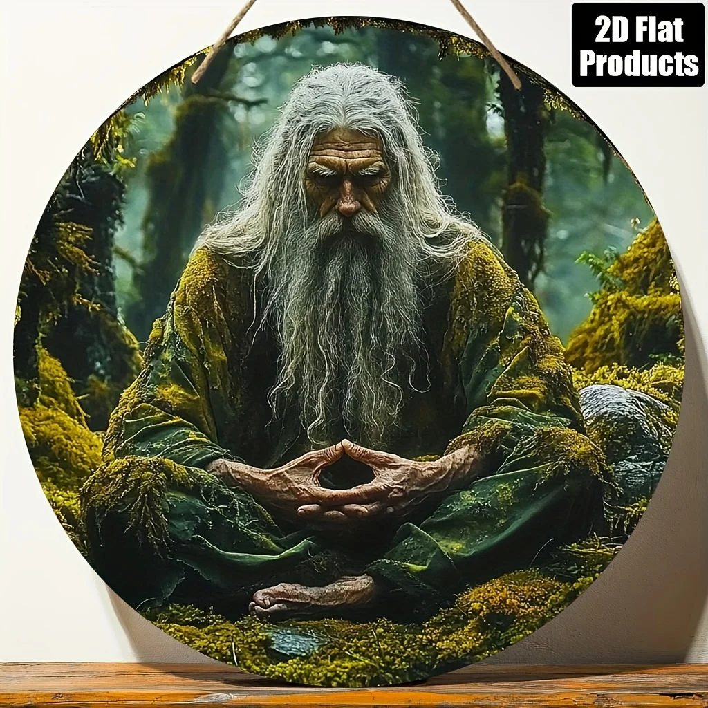 2D Vintage Metal Sign Round Forest Elf Wall Art Decor with Beard Green Robe for Home Bar Kitchen Cafe Office Gift