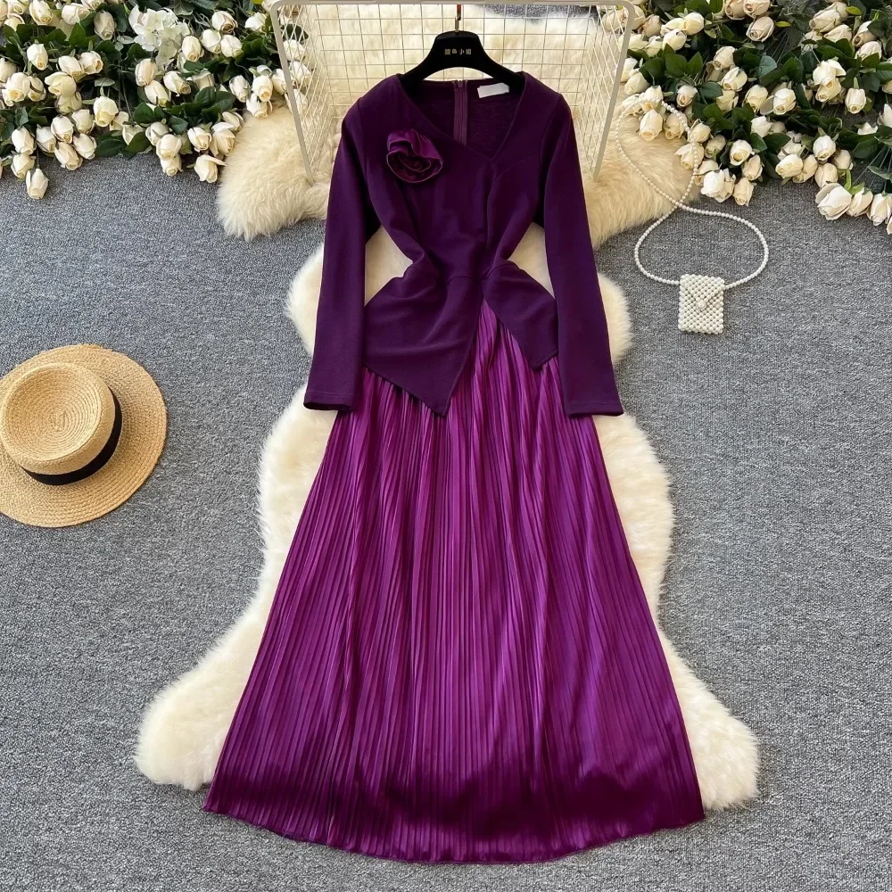 Elegant Long Sleeve Vintage V-neck Three-dimensional Floral Slim Spliced Pleated Dresses Evening High Street Plus Size Clothing