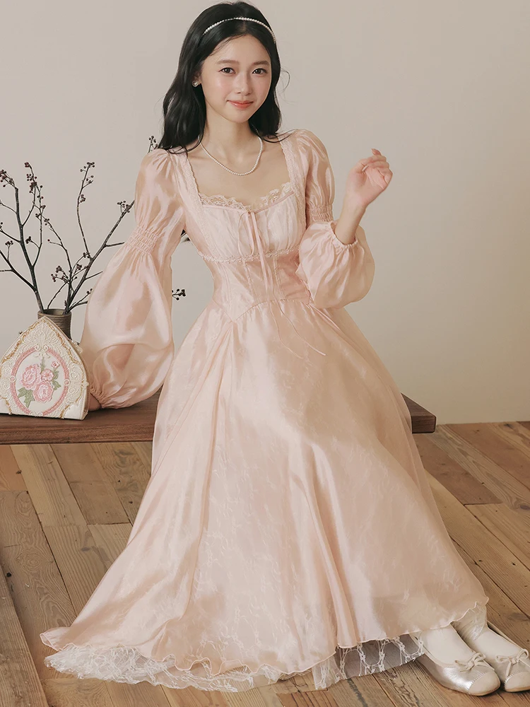 Outono inverno rosa malha chique renda gola quadrada maxi vestido feminino elegante casual casa vestido 2025 moda coreana bodycon vestidos