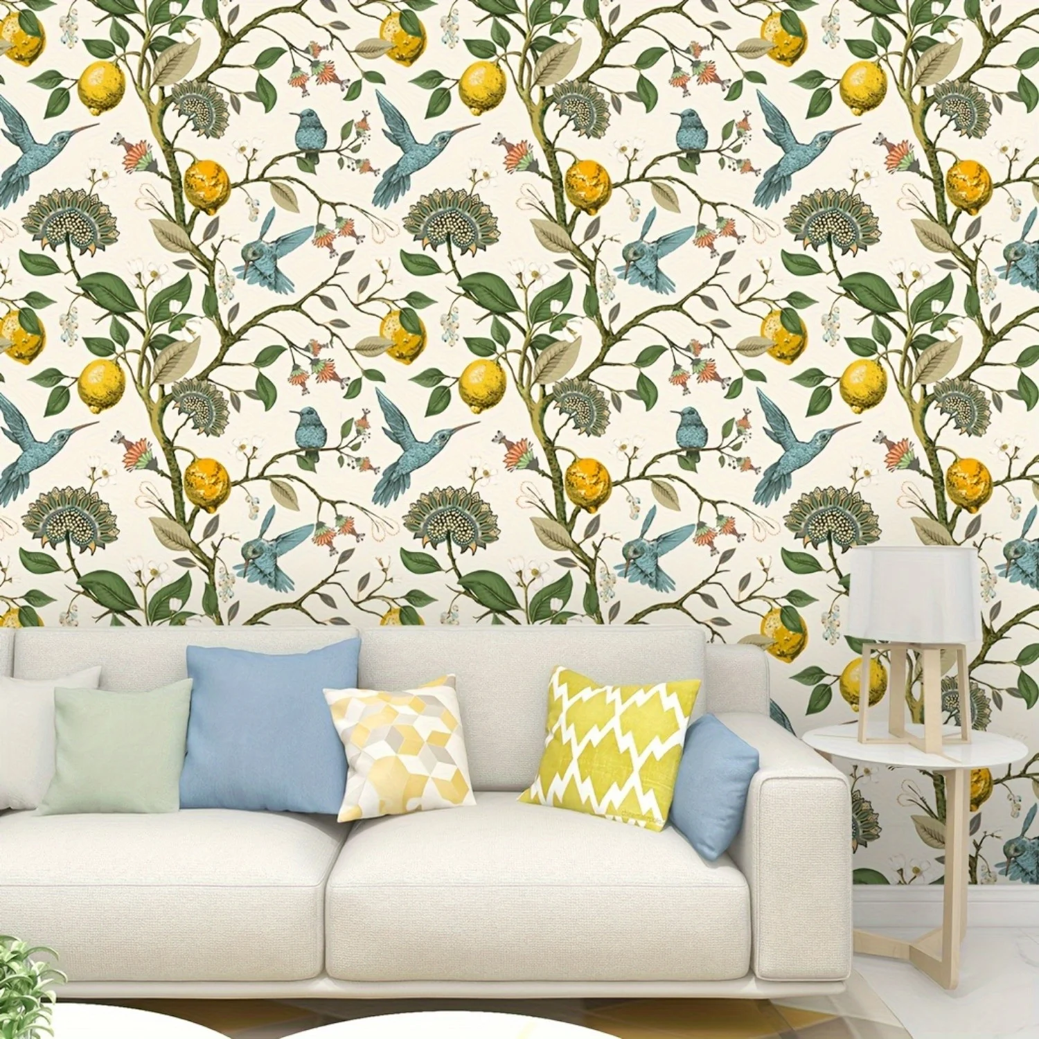 Vibrant Hummingbird & Lemon Tree Vinyl Wallpaper，Easy Peel & Stick for Living Room,Bedroom,Furniture Makeover 17.7