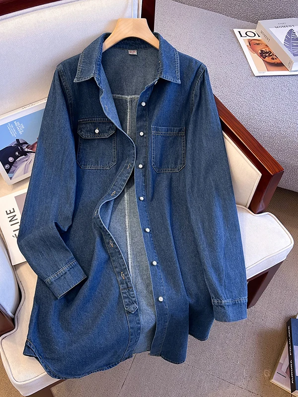 

Свободная джинсовая рубашка с длинным рукавом для женщин, осенняя верхняя одежда, с высокой талией, в корейском стиле, средней длины, с воротником