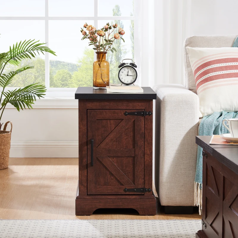 End Table Nightstand Rectangular Farmhouse End With Barn Door And Adjustable Storage Shelf Rustic Sofa Side Table For Living