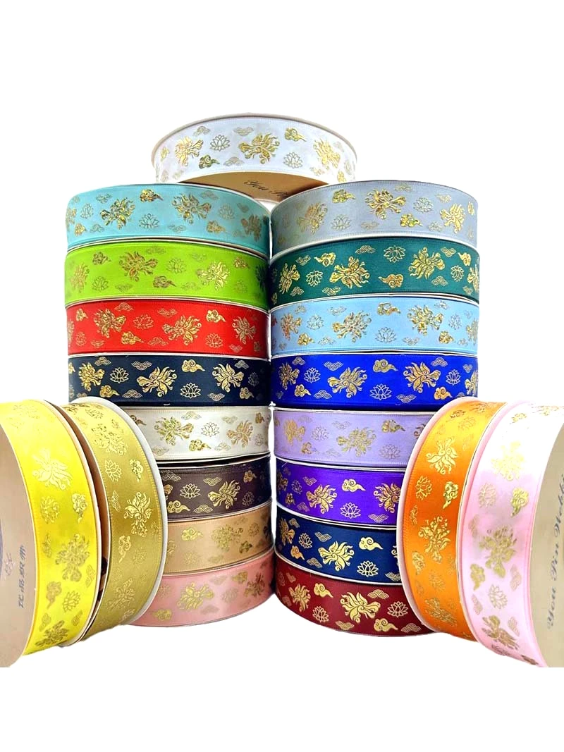 25mm Hologram Gold Foil Lotus Auspicious Clouds Chinese Dragon Satin Ribbon for Spring Festival Gift Wrapping DIY Craft
