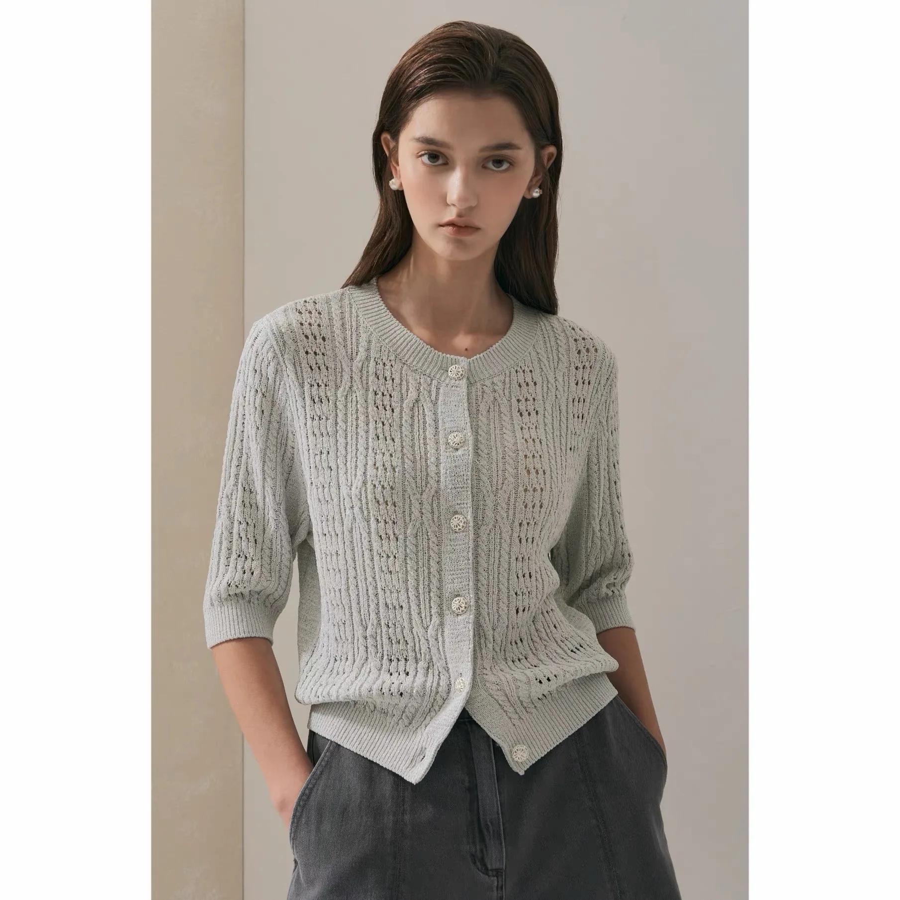 Elegant round Neck Hollow out Short Sleeve Knitted Open Cardigan Fashionable Slimming MIN26 Early Autumn Lemon Remote