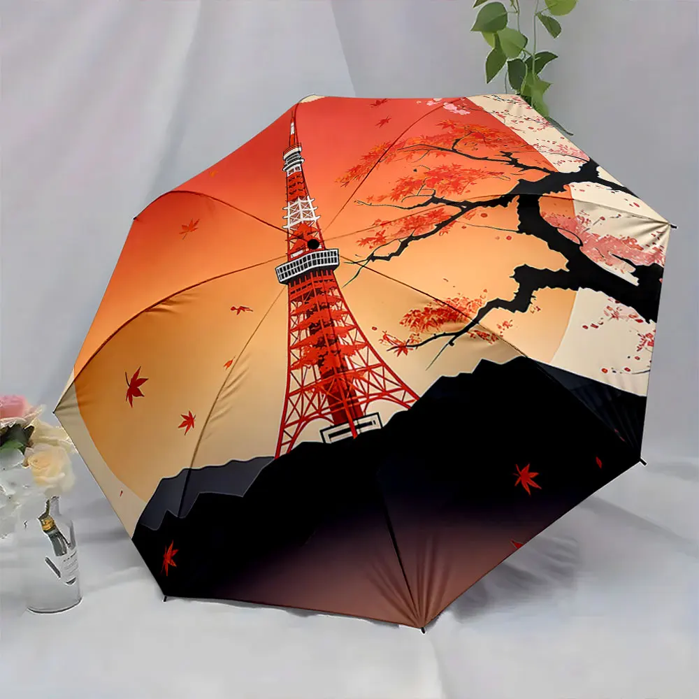1PC Umbrella with Tokyo Tower Design in Autumn Scene Print 8 Iron Ribs Folding Umbrella Auto-Open Fashion Sunshade
