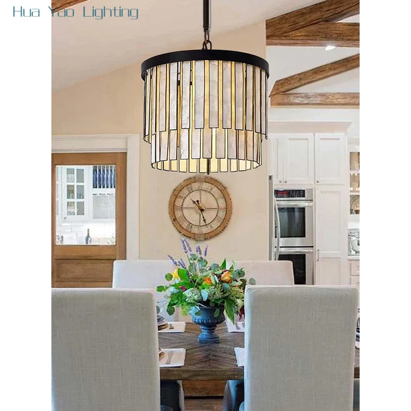 American Country Style Sea Shell Chandeliers LED Round Villa Ceiling Hanging Lamps Lights for Dining Room Suspension Lustres