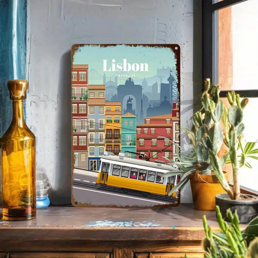 

1PC Tin Sign Vintage Lisbon Architecture/Tram - Home Decor/Travel Lover, 8x12in/20x30cm