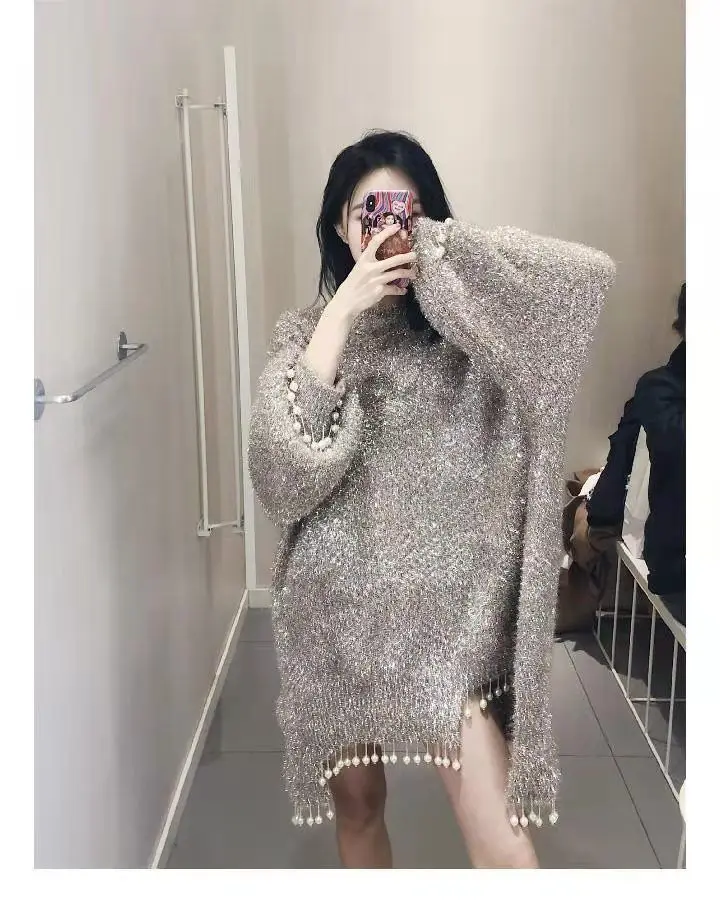 Beaded Sweater for Women 2023 Spring Autumn Loose Long New Korean Style All-Matching Shiny Grey Sweaters Pullovers Femme