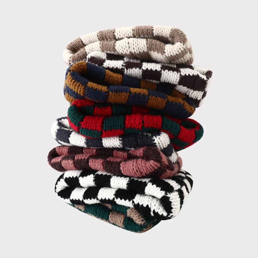 2023 New Checkered Beanies for Women Korean Style Big Head Thickened Warm Cover Plaid Knitted Ski Beanie Hats Gorras Para Mujer