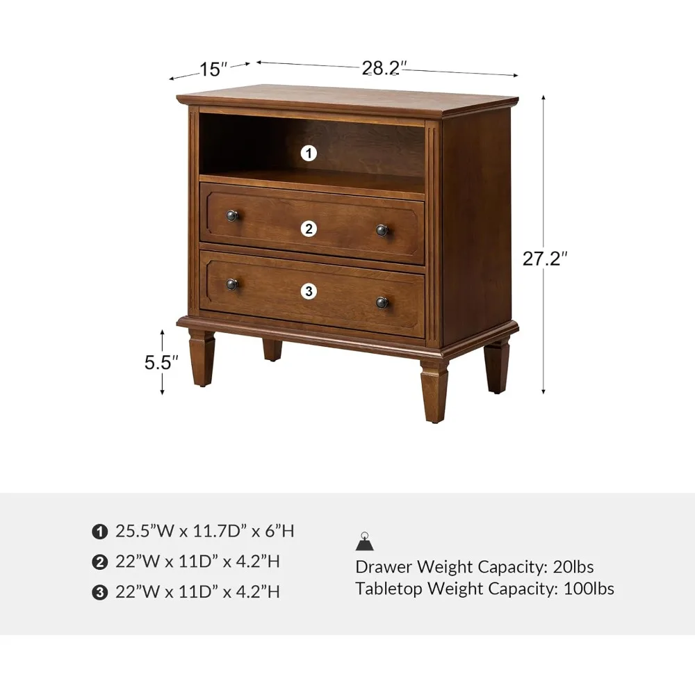 Nightstand with Charging Station, Transitional End Table with USB Ports & Outlets, Fluted Pilasters Design Wood 2 Drawers