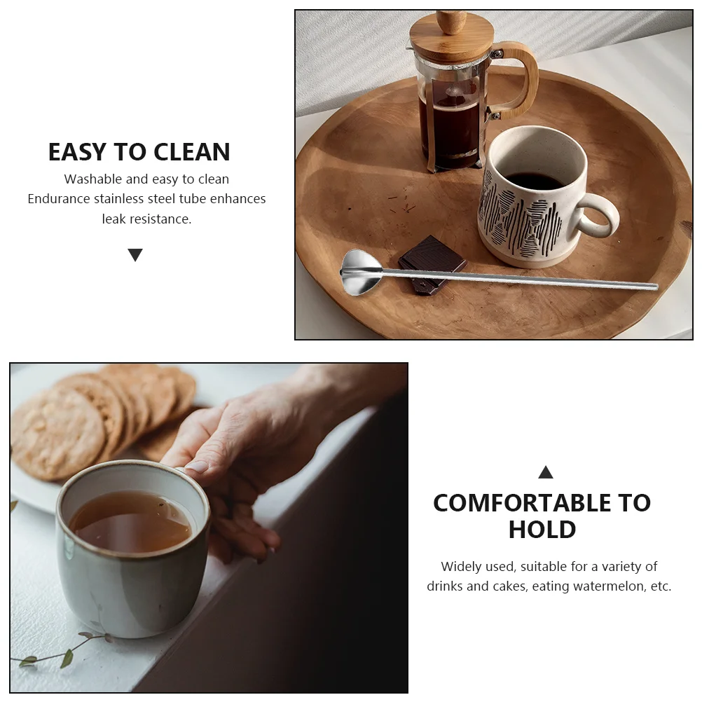 

4pcs Stainless Steel Straw Spoons Smooth Surface Easy Clean Dessert Scoops For Coffee Tea Cake Watermelon Party Home