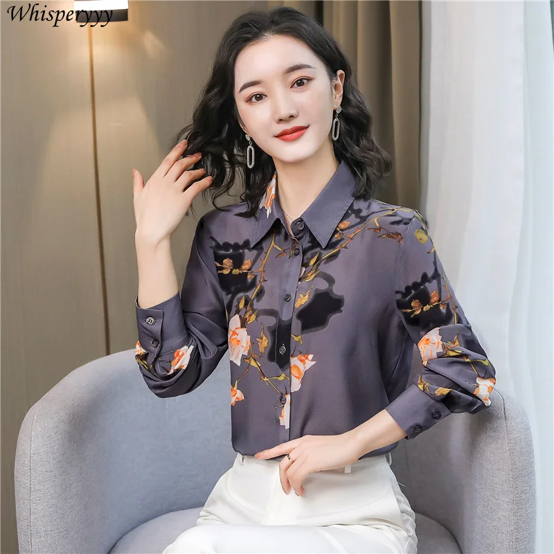 موضة قميص مطبوع المرأة ربيع الخريف واحدة الصدر طويلة الأكمام بلايز أنثى عادية Blusas Mujer بدوره إلى أسفل طوق قميص