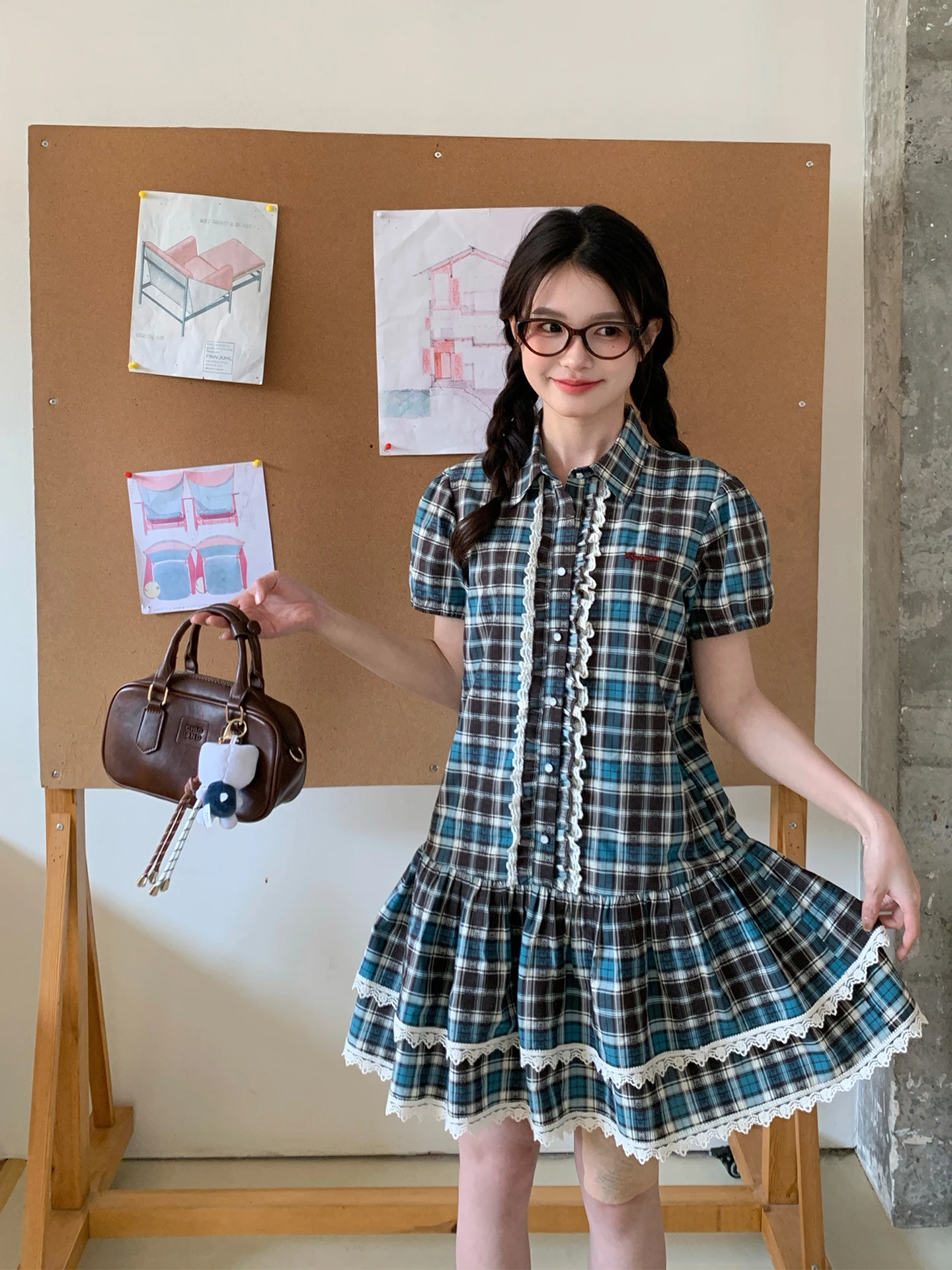 

Tokyo Annual Record JK Summer New Blue Brown Plaid Short Sleeve Dress Girl Sweet Lace Trim Checkered Short Skirt Dress