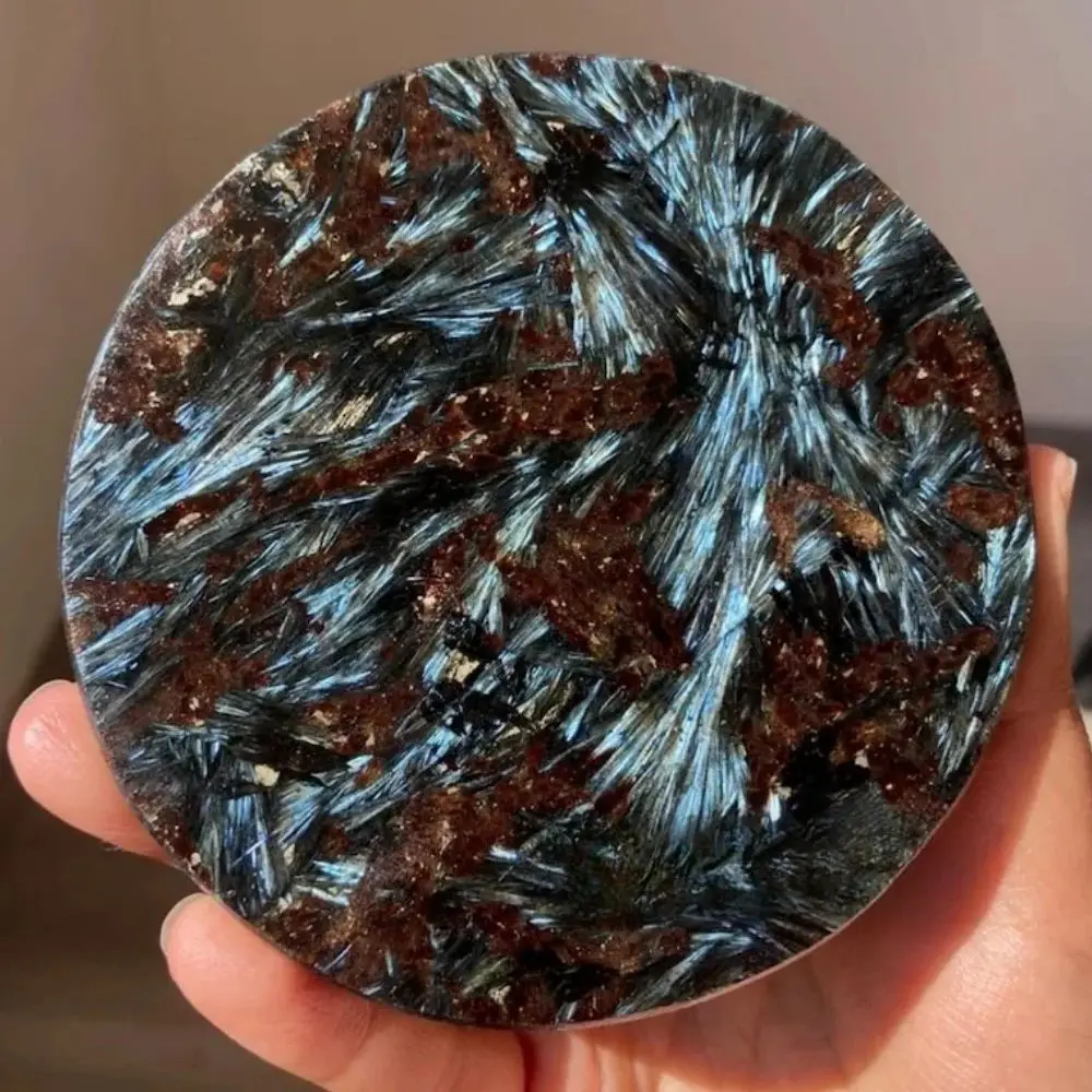 

Diameter 10cm Natural Blue Arfvedsonite Crystal Round Plate Polished Astrophyllite Dish Healing Crystal Christmas Gift