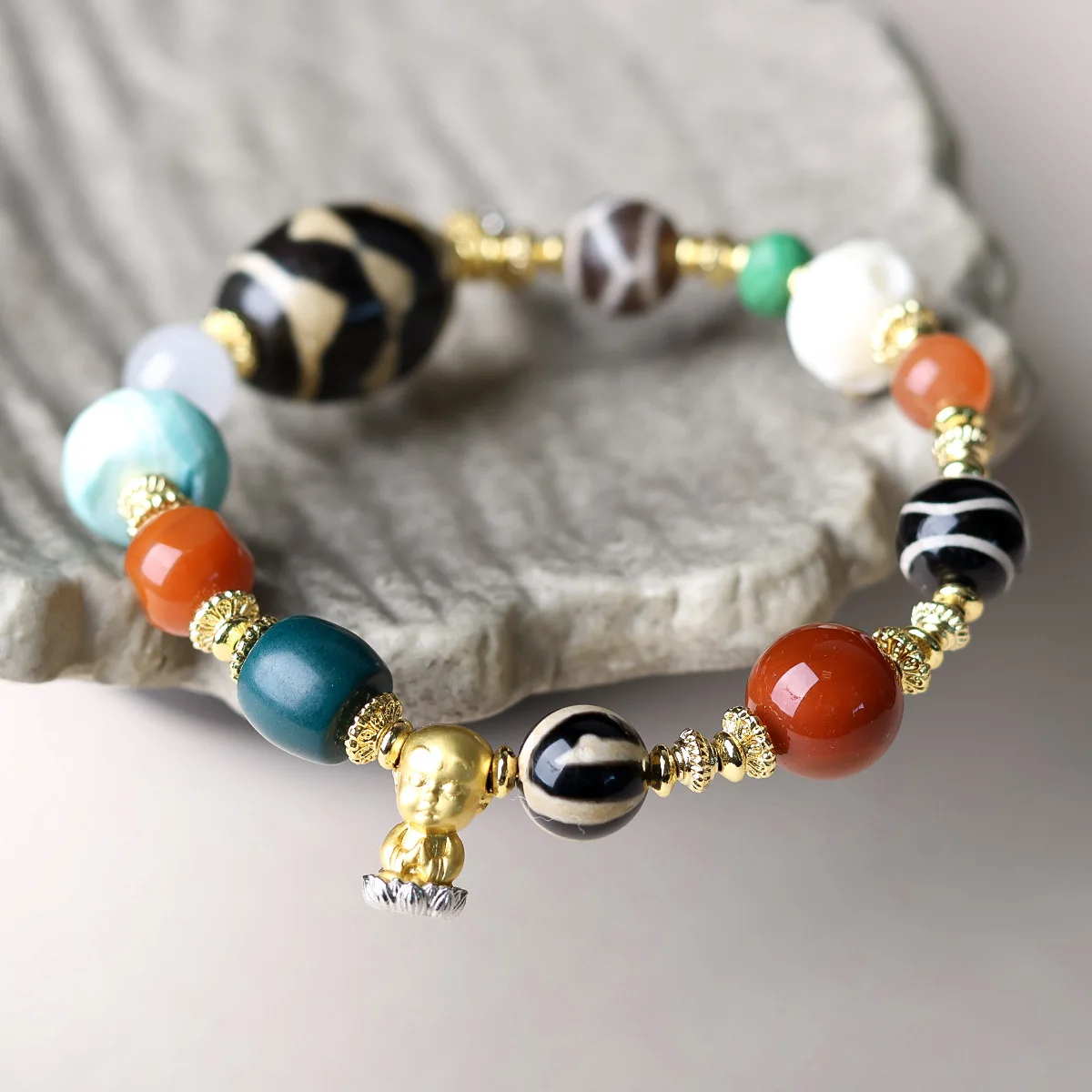 Original Design Double Tiger Tooth Dzi Bead Bracelet with Nanhong Agate & Jadeite - New Chinese Style Prayer Bead Gift