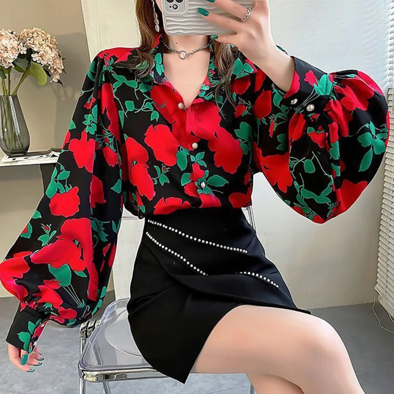 Elegant Lapel Loose Printed Lantern Sleeve Shirt Women\'s Clothing 2023 Spring Summer New Casual Tops Office Lady Chiffon Blouse