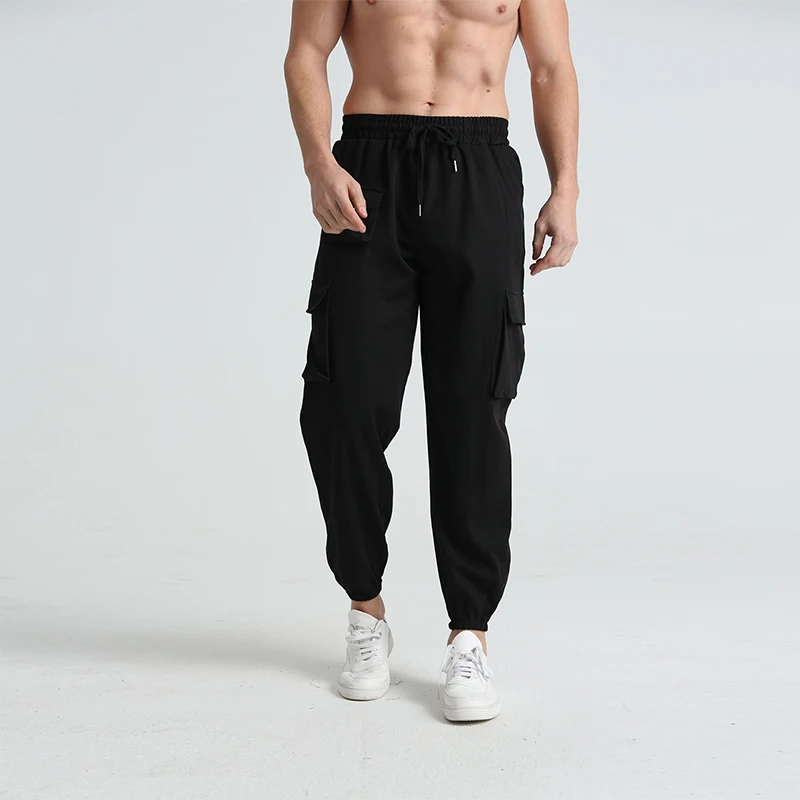 Men s Sports Cargo Pants Plain Drawstring High Waist Loose Casual Trousers with Pockets