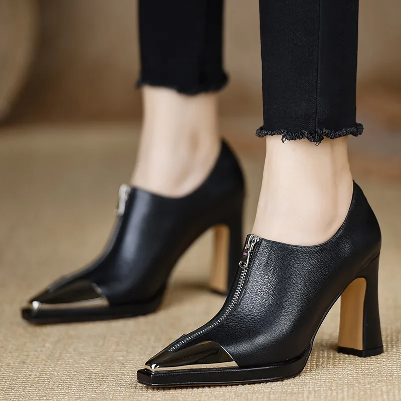 

Women High Heels Pointed Toe Chunky Shallow Ankle Boots Winter New Pu Leather Party Fashion Boots 2025 Trend Woman Shoes Mujer