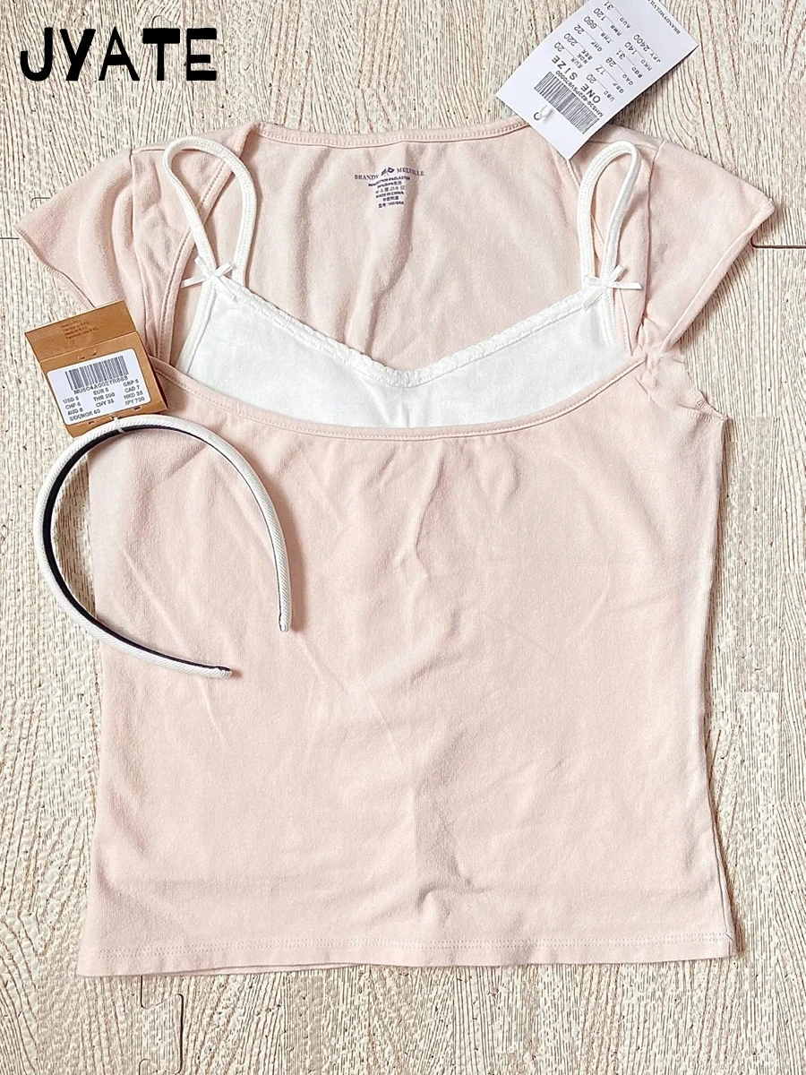 New Sweet Pink Cotton Crimping Short Sleeve Tees Women Summer Casual Simple Square Collar Crop Tops Vintage Basic Y2K T-shirts — zdjęcie 6