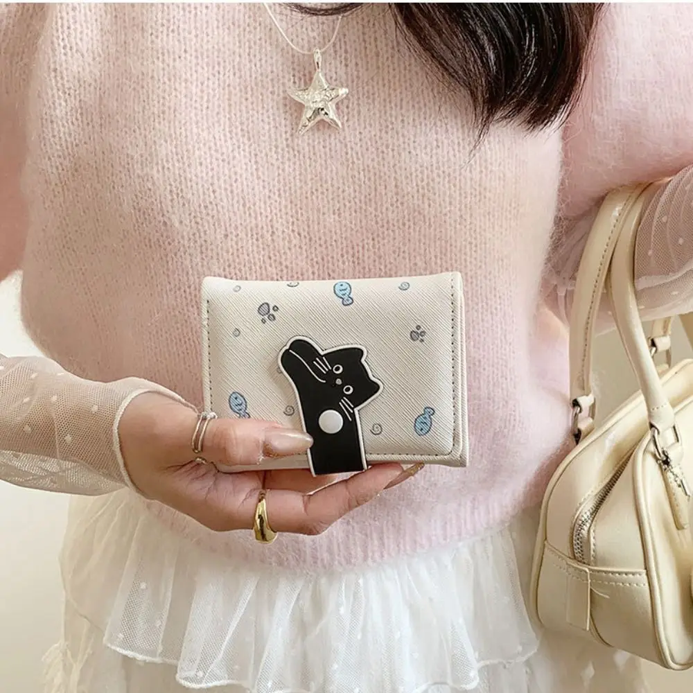 

Card Pouch Portable Cat Printed Wallet Cute Multiple Card Short Leather Purse PU Leather Fashion Three Fold Wallet Women