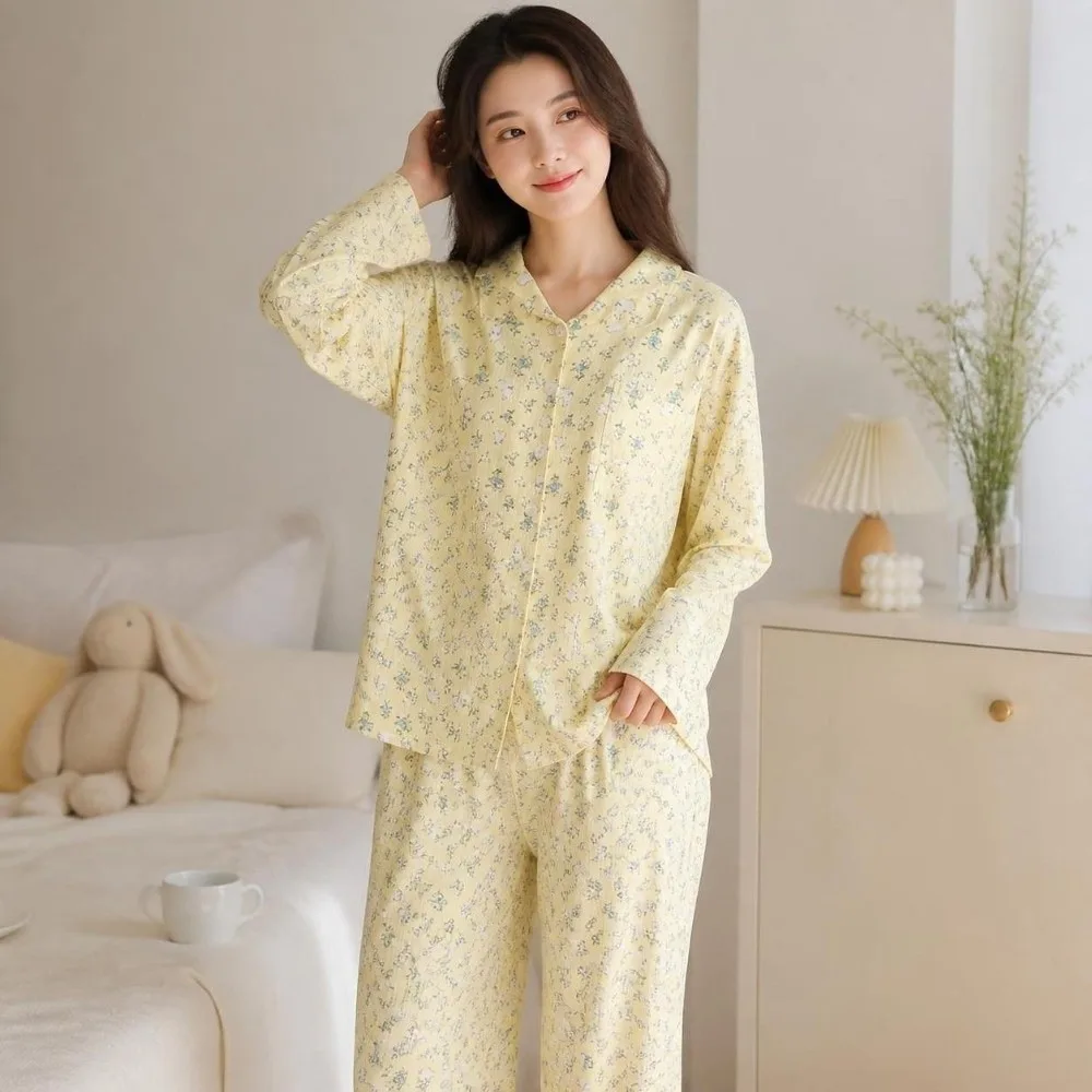 Loungewear Long Sleeve Women's Pajamas Set Floral Dog Rabbit Nightwear Suit Lapel Neck Autumn 2 Pieces Pajamas Set Student Girls