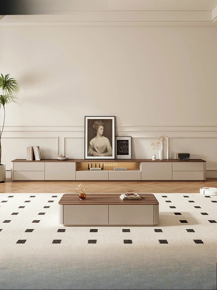 

Floor TV Cabinet Living Room Household Small Apartment Solid Wood Coffee Table Walnut Combination French Cream Wind TV Cabinet