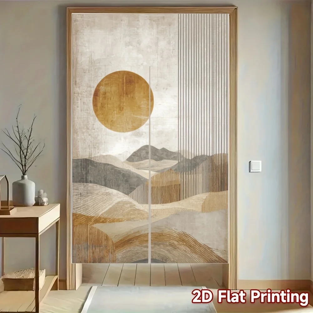 Traditional Japanese Golden Sun Mountain Door Curtain - 2D Flat Print Room Divider Drape for Party Wedding Porch Decor