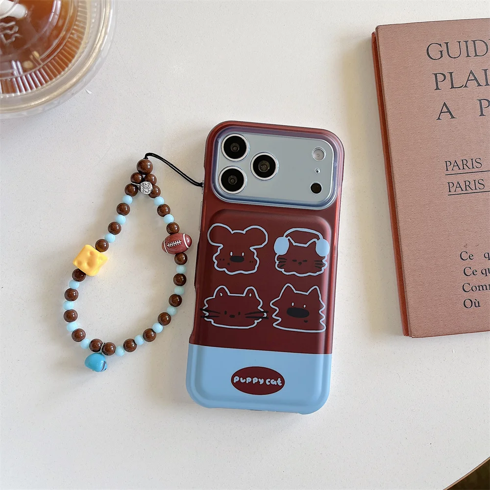 Korea Fashion Ins brown puppy Phone Case For iPhone 18 Pro 17 16 15 Pro Max Cover Shockproof Cute Cases 18Promax with Chain