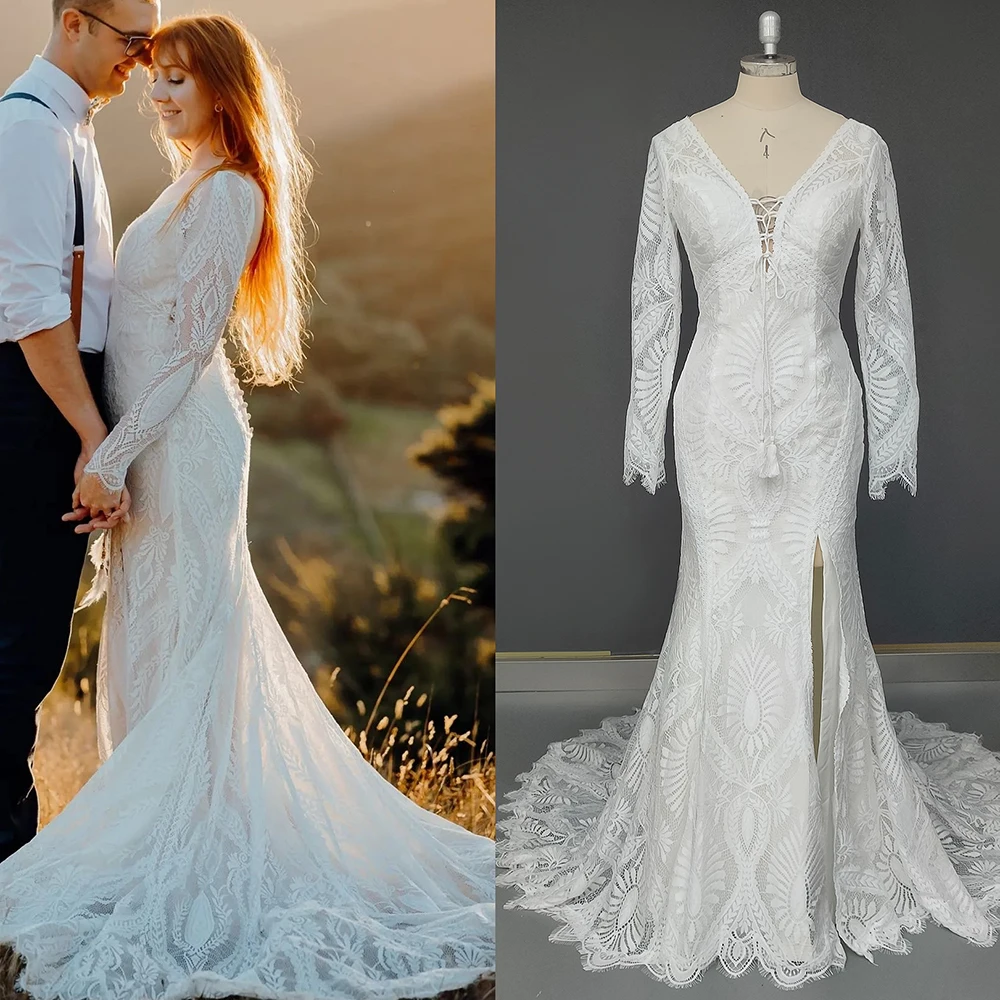 Customized Boho Long Sleeves Mermaid Fitted Wedding Dress V Neck Lace Up Lace High Split Open Back Elopement Modest Bridal Gown