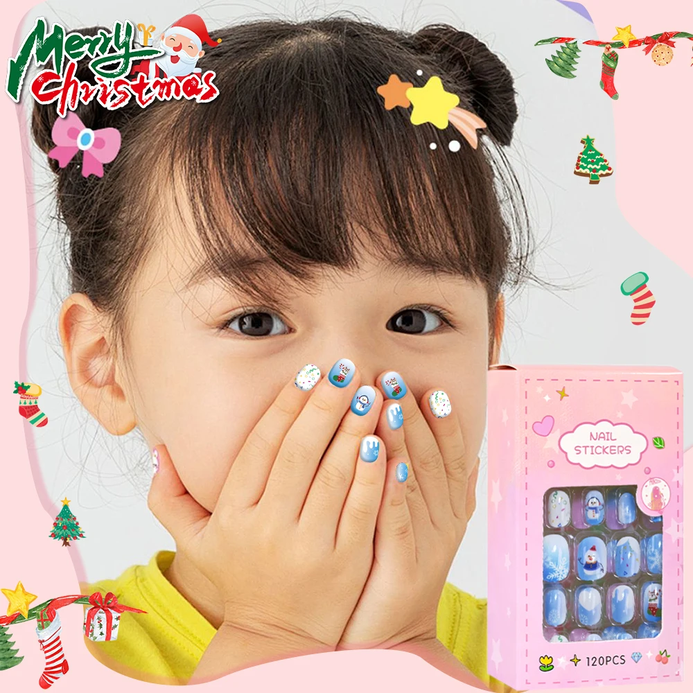24*5 نمط (120 قطعة/صندوق) لطيف عيد الميلاد الأطفال الأظافر وهمية غطاء كامل لامعة قصيرة مربع الشكل الأظافر كاذبة هدايا عيد الميلاد للأطفال