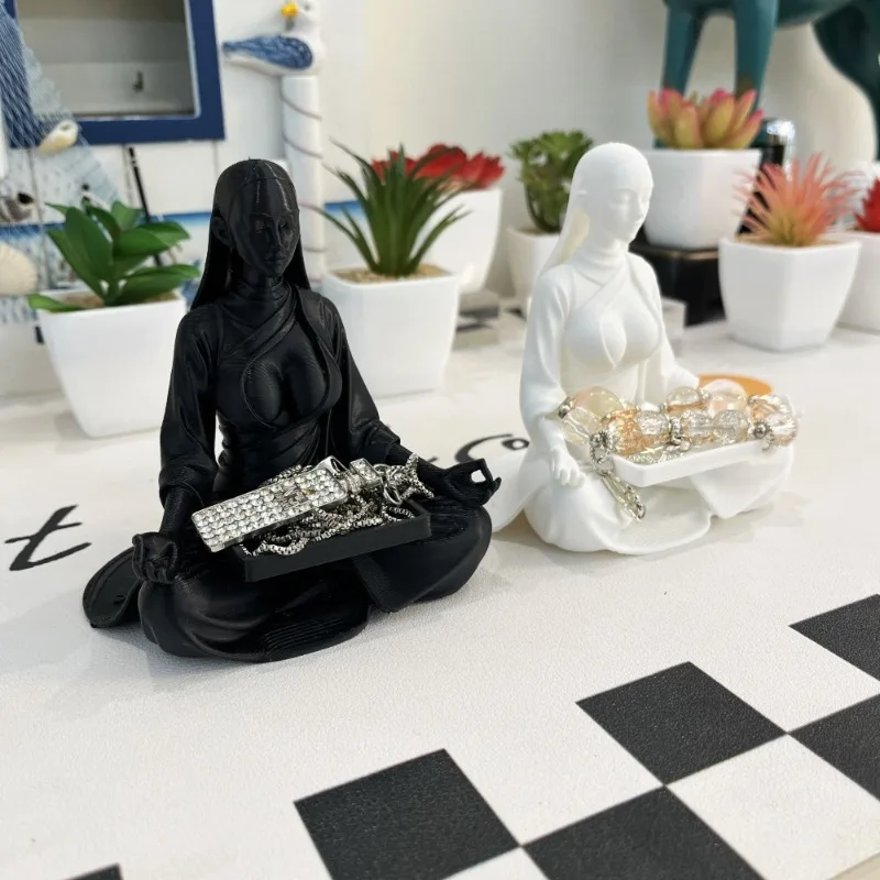 Calm Meditation Woman Figurine Ring Tray Boho‑Chic Desk Decor Resin Statue for Yoga Room Office Relaxing Spiritual Souvenir Gift
