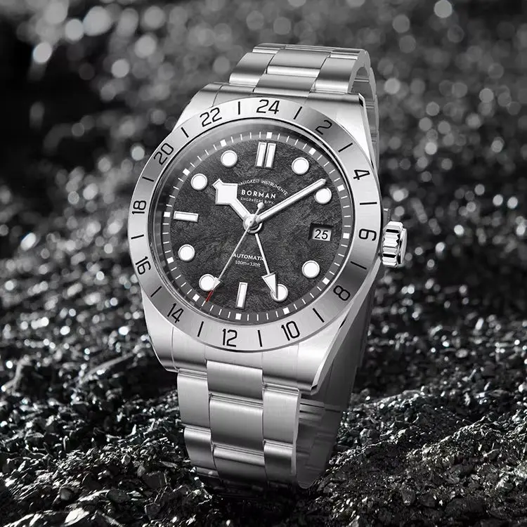 

BORMAN мужские автоматические часы 40 мм GMT механические наручные часы для дайвера 10 бар водостойкие светящиеся сапфировое зеркало NH34 стальной безель спортивный
