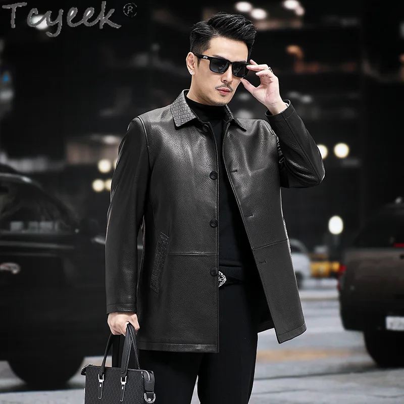 Tcyeek Genuine Leather Jacket Men Business Casual Goatskin Coat Autumn Clothes Mid-length Trench Coat Jaqueta De Couro 2025