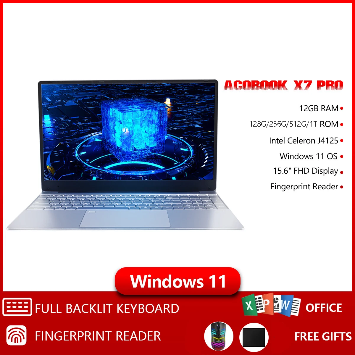 Windows 11/10 Pro Fingerprint Locks Intel 12G RAM 128G/256G/512G/1T SSD  Dual WiFi 2.4G/5.0G Laptop