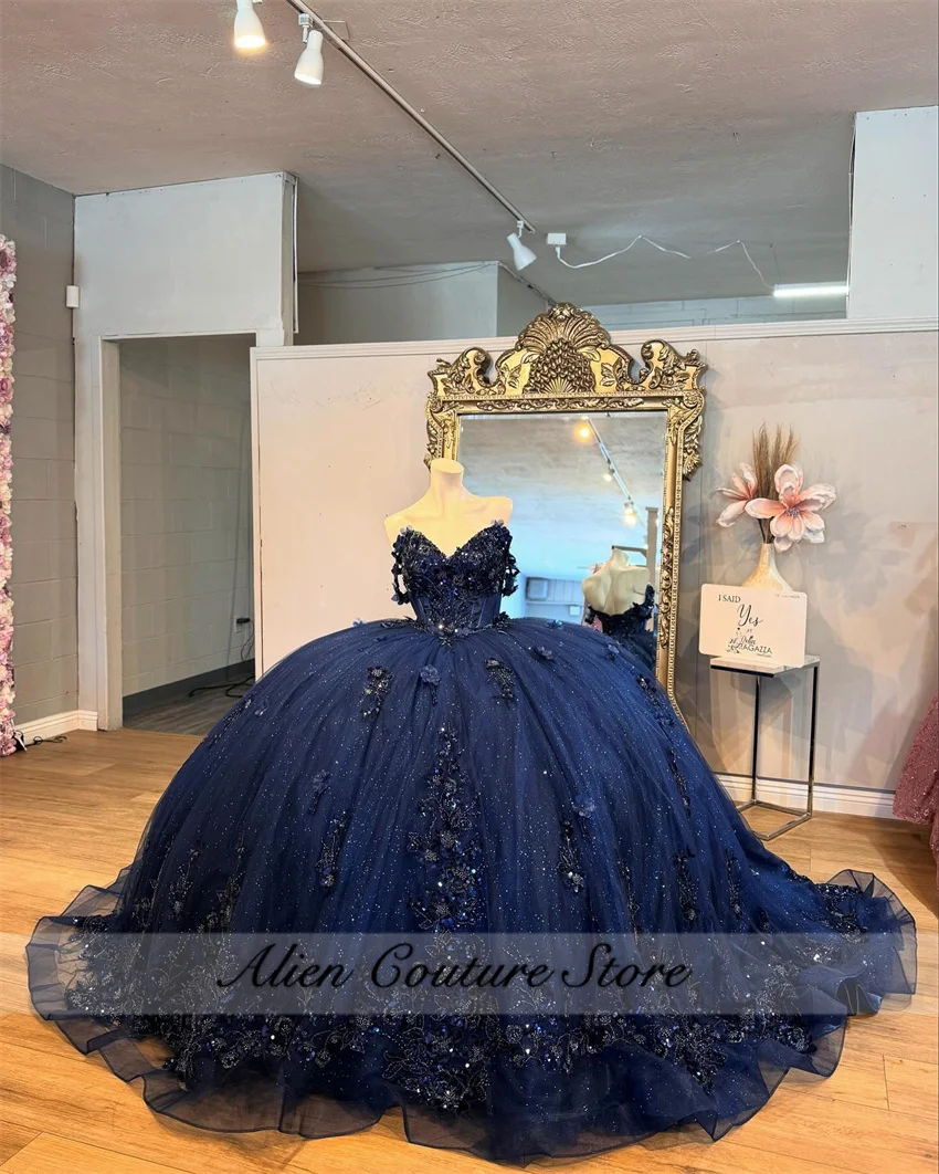 Exquisite Navy Blue Qinceanera Dress Floral Appliques Beading Princess Vestidos Ball Gown Sweet 16 Vestidos De 15 Años