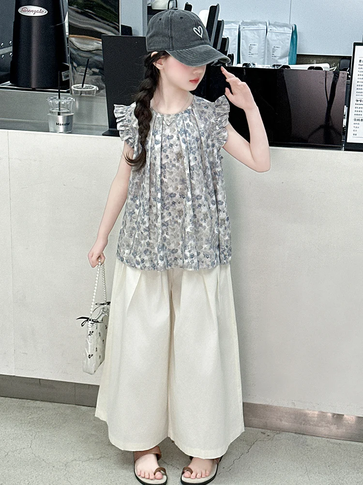 

Летний комплект одежды для девочек, повседневные широкие брюки из смеси хлопка, ort Sve, комплект из двух предметов для больших детей, модный модный комплект Ch...