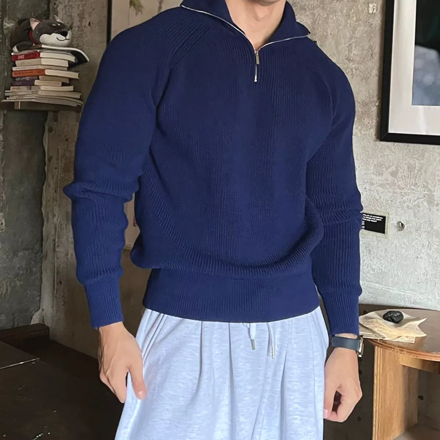 

Осень-зима, мужская полуводолазка на молнии, вязаный свитер с воротником-стойкой, шерстяной пуловер, толстовка, мужской базовый джемпер с длинными рукавами